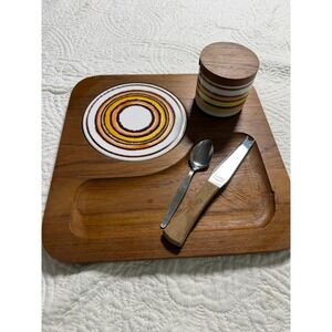 Dolphin Cheese Tray Set  Brown Teak Wood MCM Retro Ceramic‎ Jar Knife/spoon